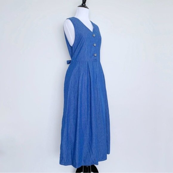 Vintage 70s 80s Denim Jumper Dress Midi Sleeveless with Pockets Size Medium - Picture 4 of 9